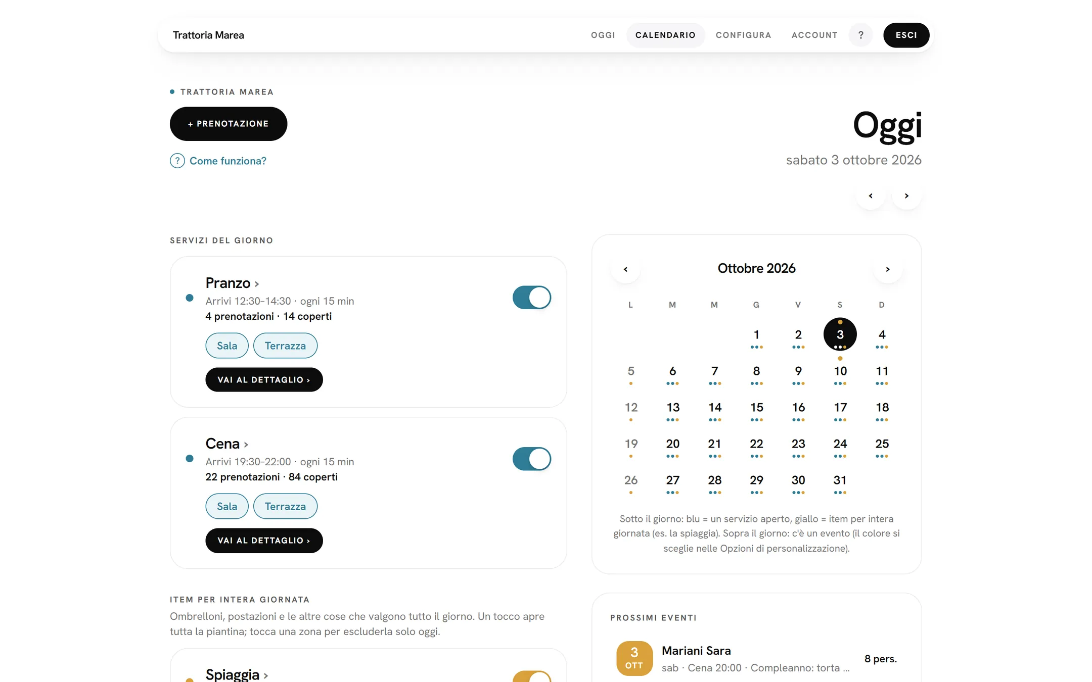 Real screen: the October calendar with today's services.