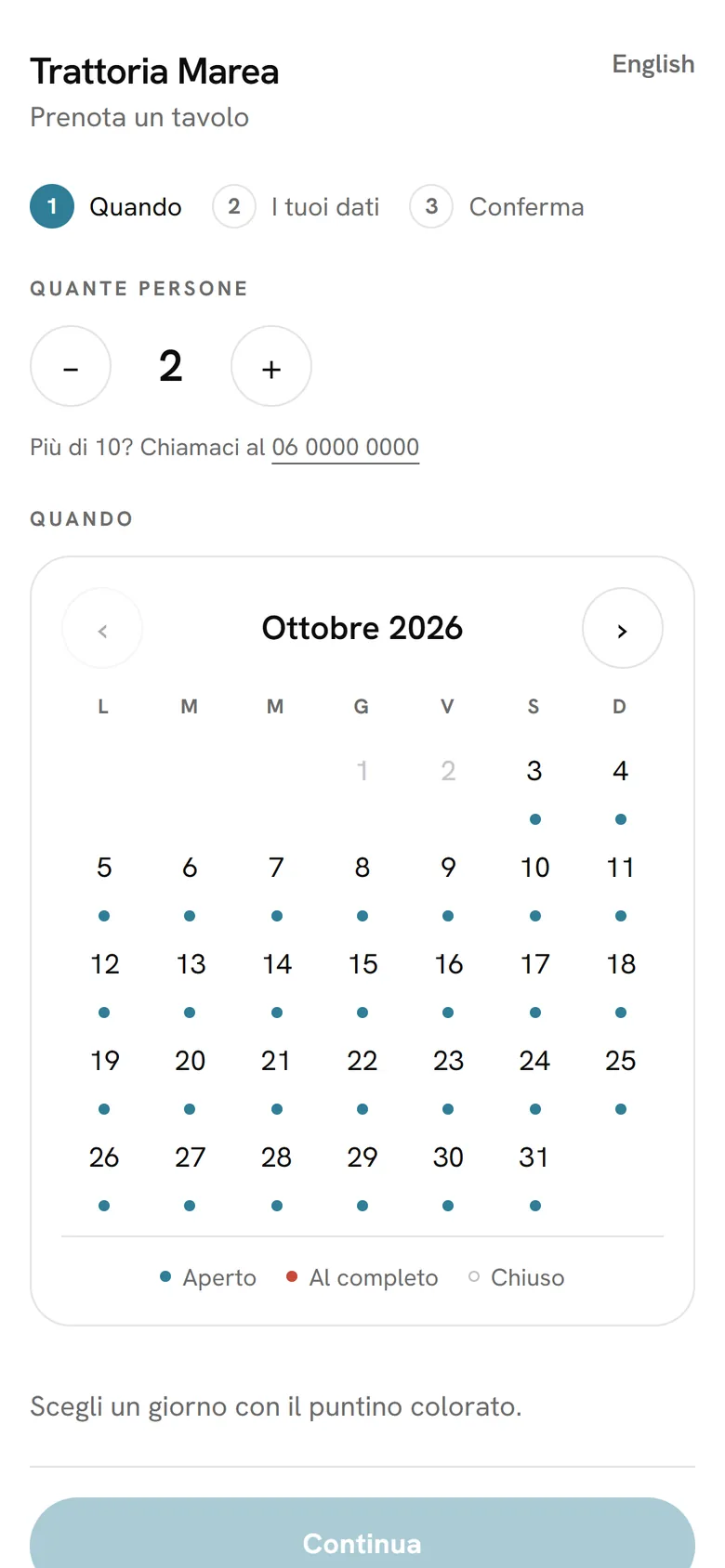 Real screen: Trattoria Marea's online booking on a phone, with the October calendar.