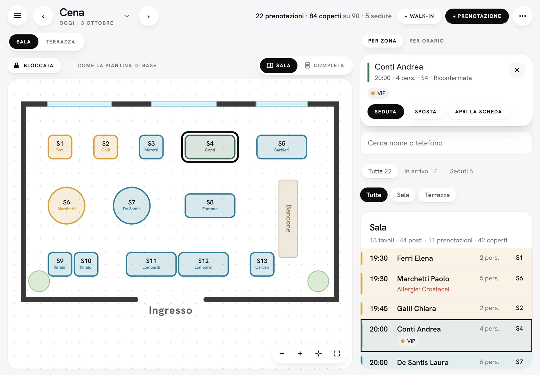 Real screen: tonight's dinner on an iPad, with the floor plan and the arrivals list.